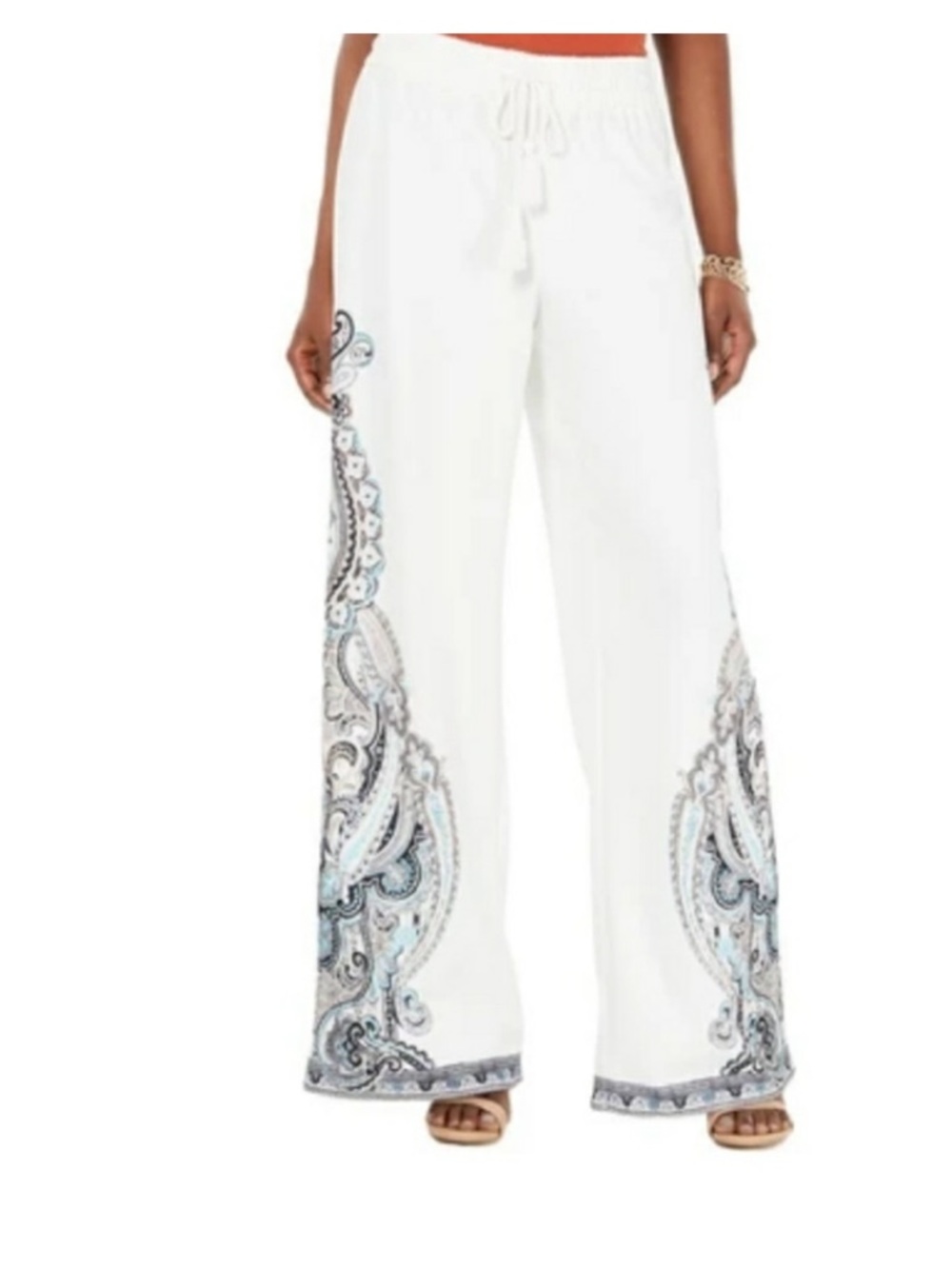 New INC White Wide Leg Pants Print Detail Elastic Waist Size Small